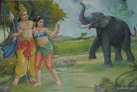 Murugan 'protects' Valli from rogue elephant Pillaiyar