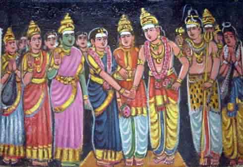 Indra presents the hand of His daughter Devasena (Teyvanai) in marriage to Lord Murugan