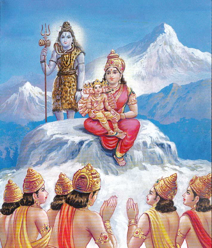 Devas worship Siva, Parvati and Skanda