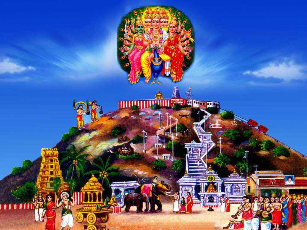 Illustrated view of Palani Hill Temple and pilgrims