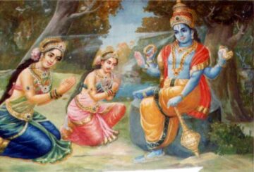 Sundara Valli and her sister Amirta Valli pray to their father Vishnu for the boon of marrying Lord Murugan