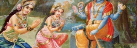 Sundara Valli and her sister Amirta Valli pray to their father Vishnu for the boon of marrying Lord Murugan